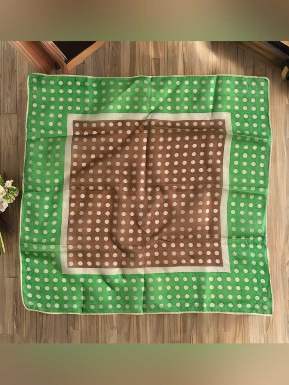 Vintage Brown and Green Sheer Silk Polka Dot Scarf